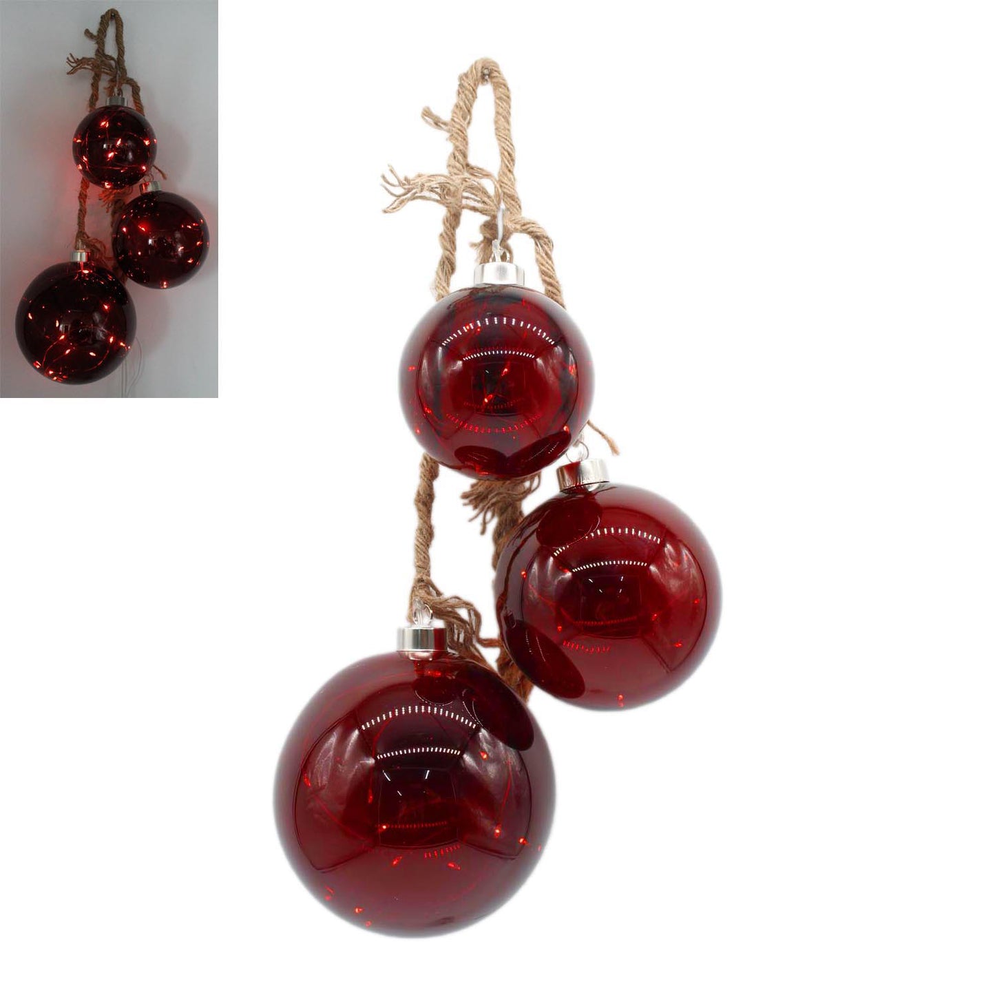 25GXS229 - 3 Lighted Glass Ball Hangers on Rope