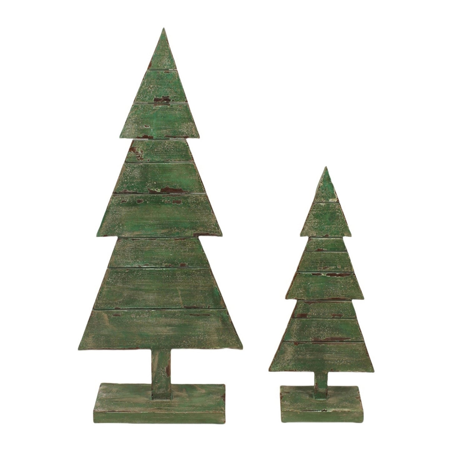 25WXF149-2S - Set of 2 Antique Green Wood Slat Christmas Trees
