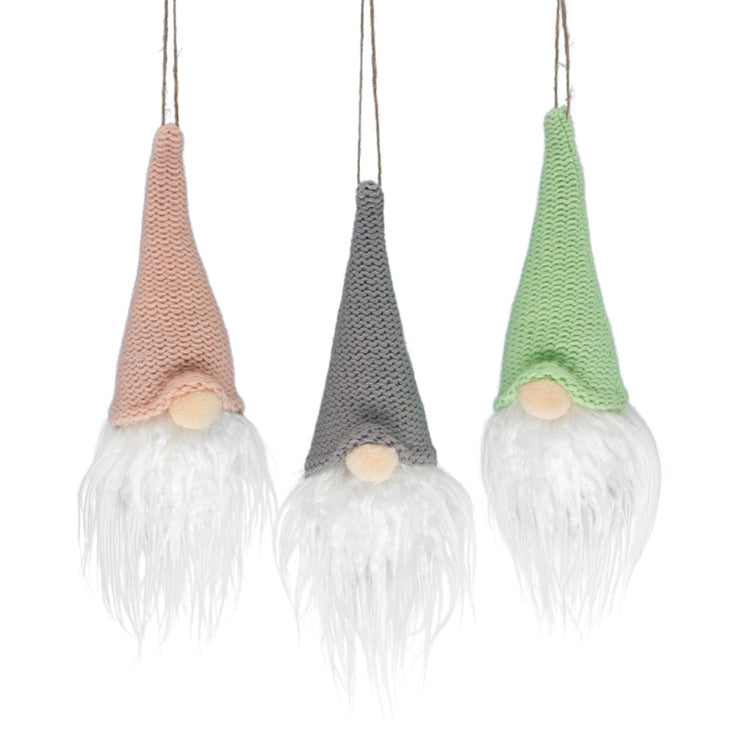 DAF24920-3A - 3 Assorted Grey, Pink and Green Hat Gnome Ornaments