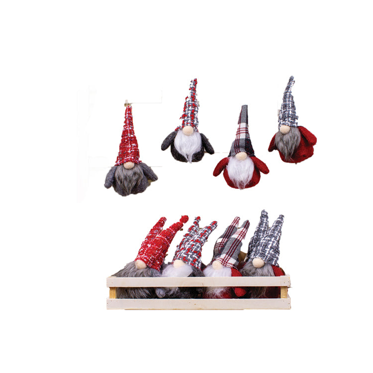 DXF13953-12S - Set of 12 Gray and Red Plaid Hat Gnomes in Box