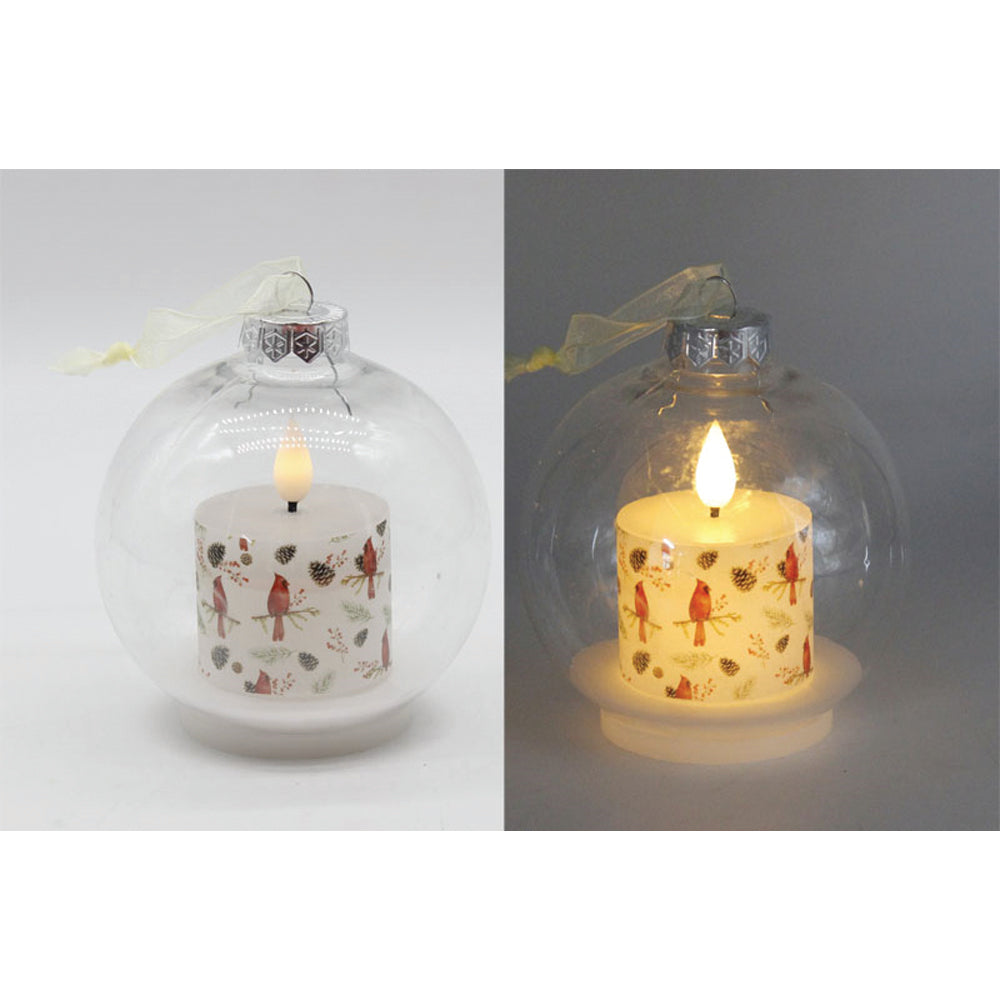 LXS43237 - Small Plastic Ball Ornament with Cardinal LED Candle