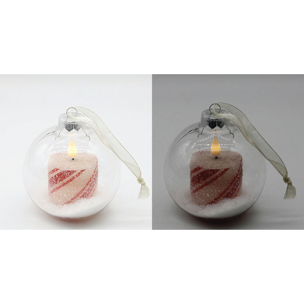 LXS43239 - Small Plastic Ball Ornament with Frosty Candy Cane LED Candle