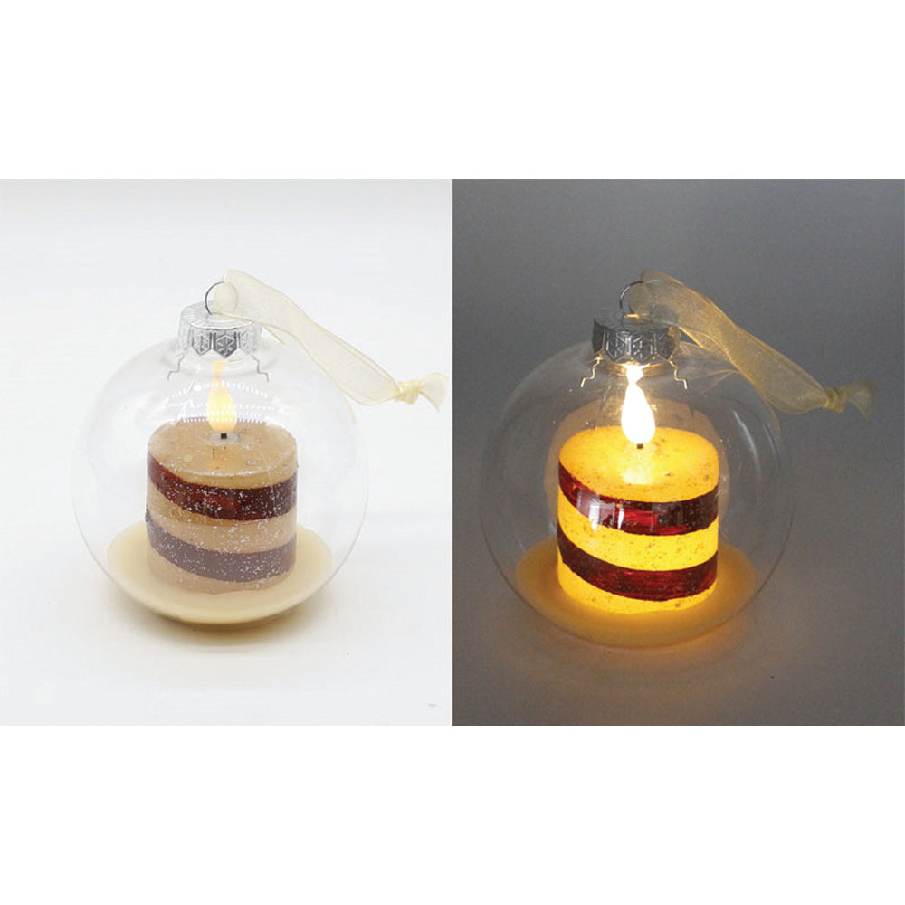 LXS43241 - Small Plastic Ball Ornament with Rustic Candy Cane LED Candle