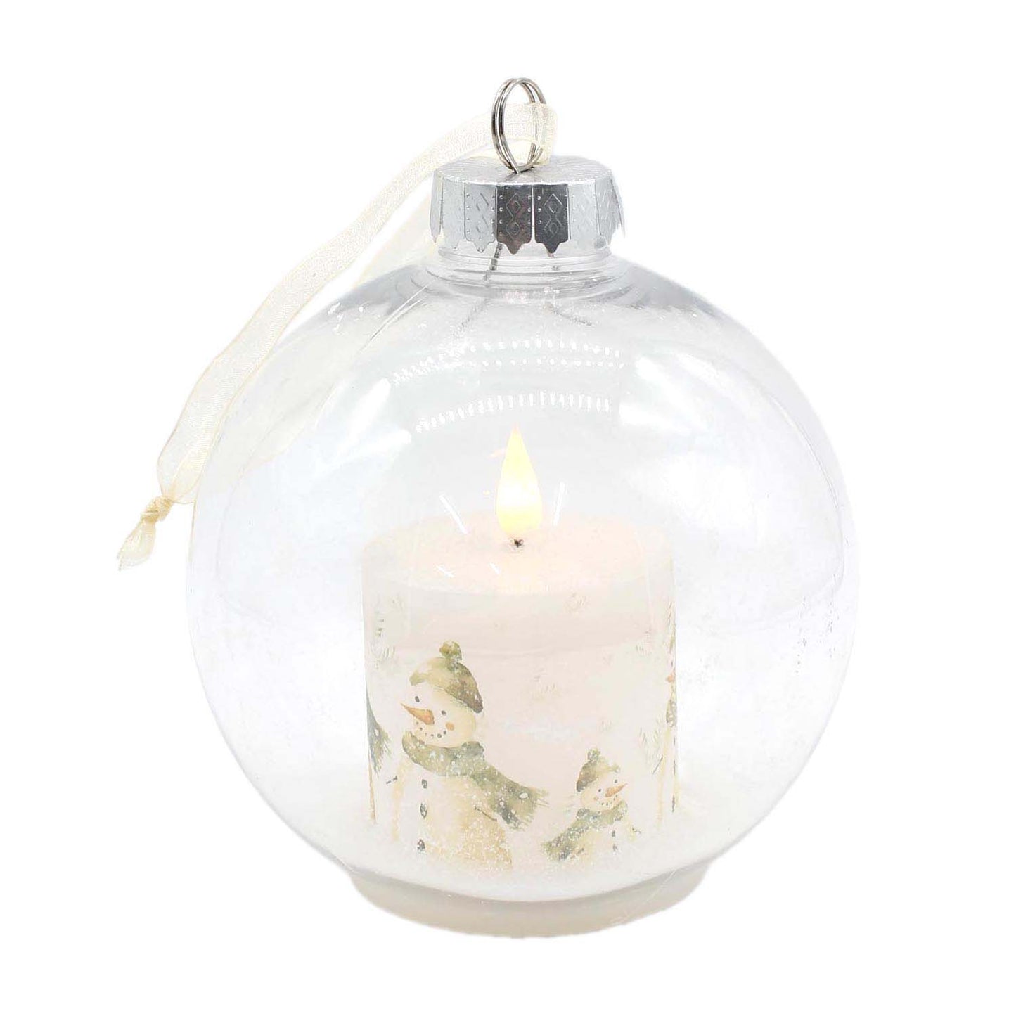 LXS59092T - Plastic Ball Ornament with Snowman Family LED Candle