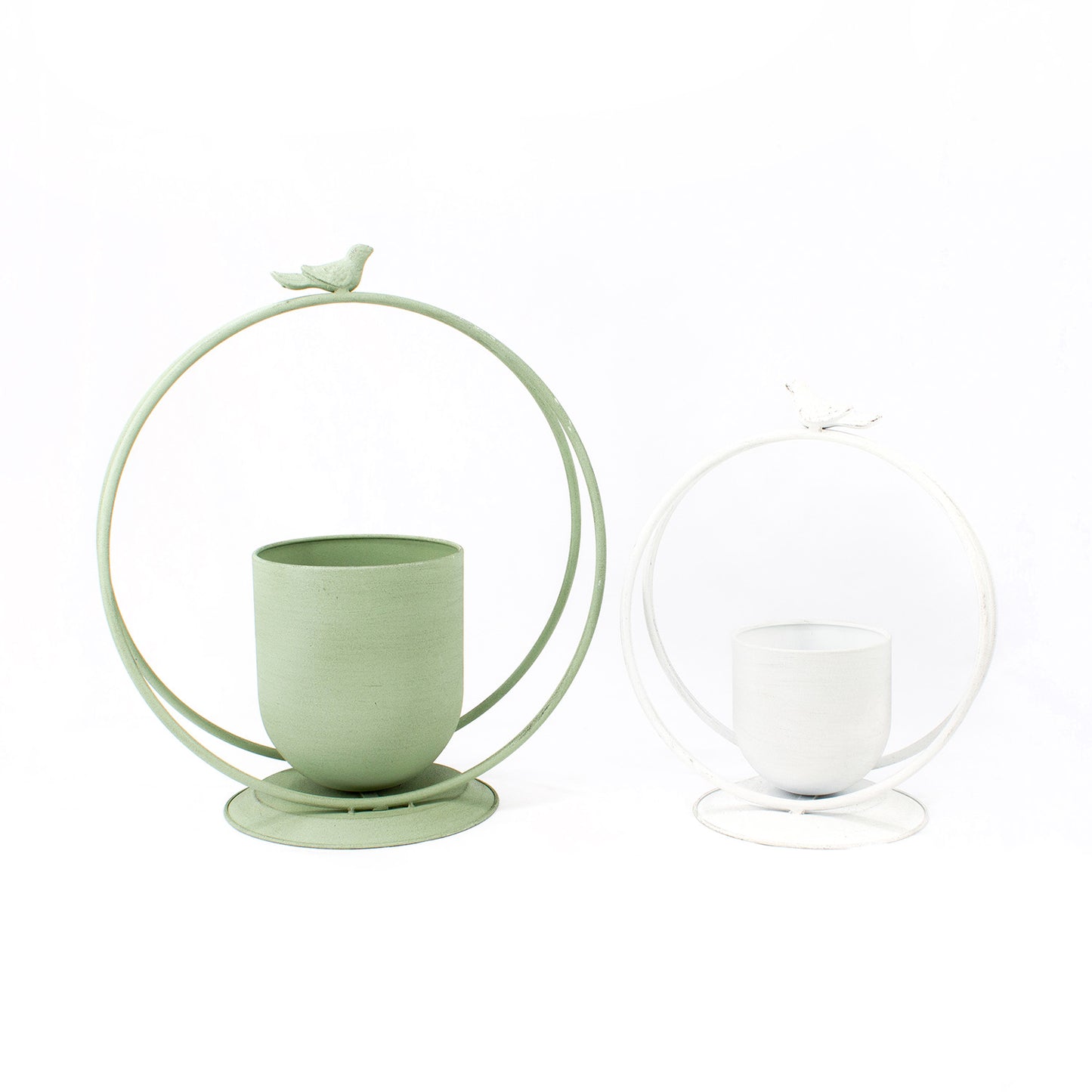 MAF41295-2S - Set of 2 White and Sage Green Round Handle Planters