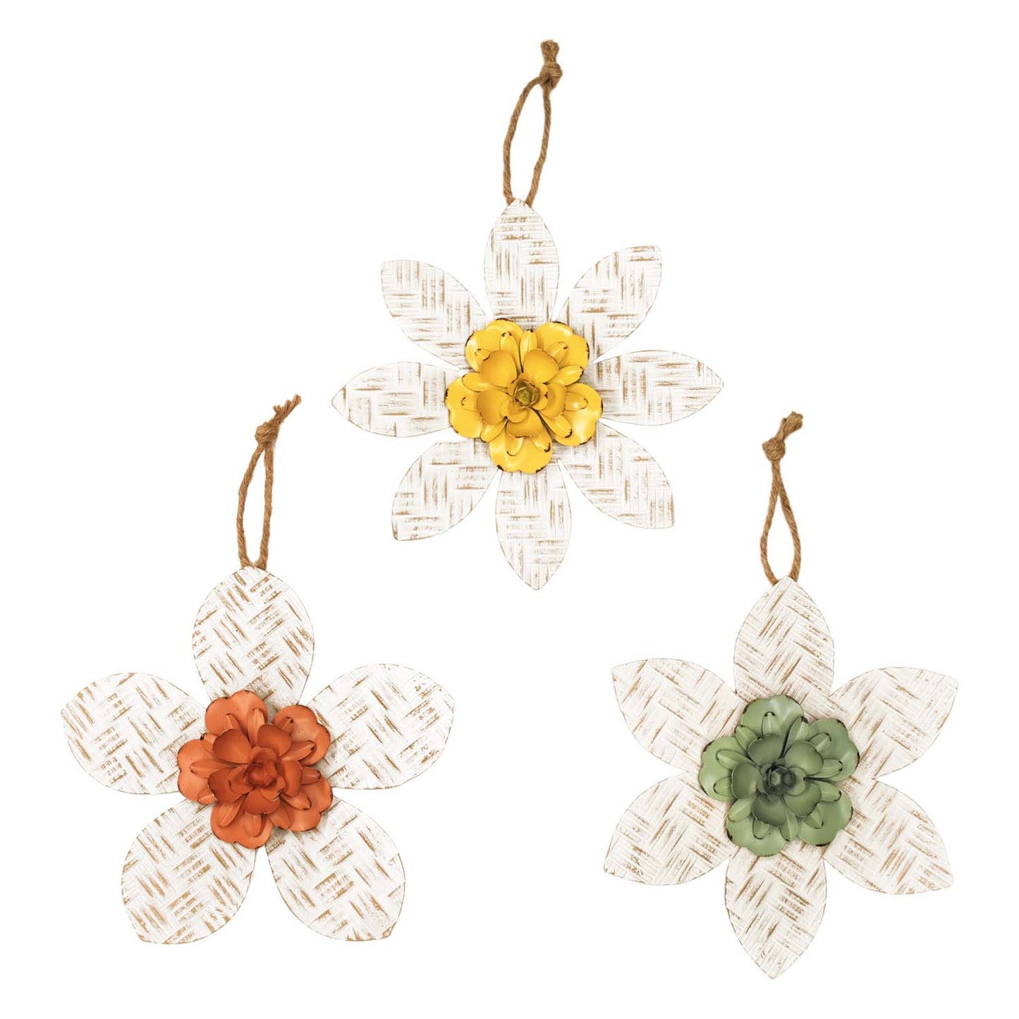 MAF57132-3A - 3 Assorted Green, Yellow, and Orange Flower Ornaments