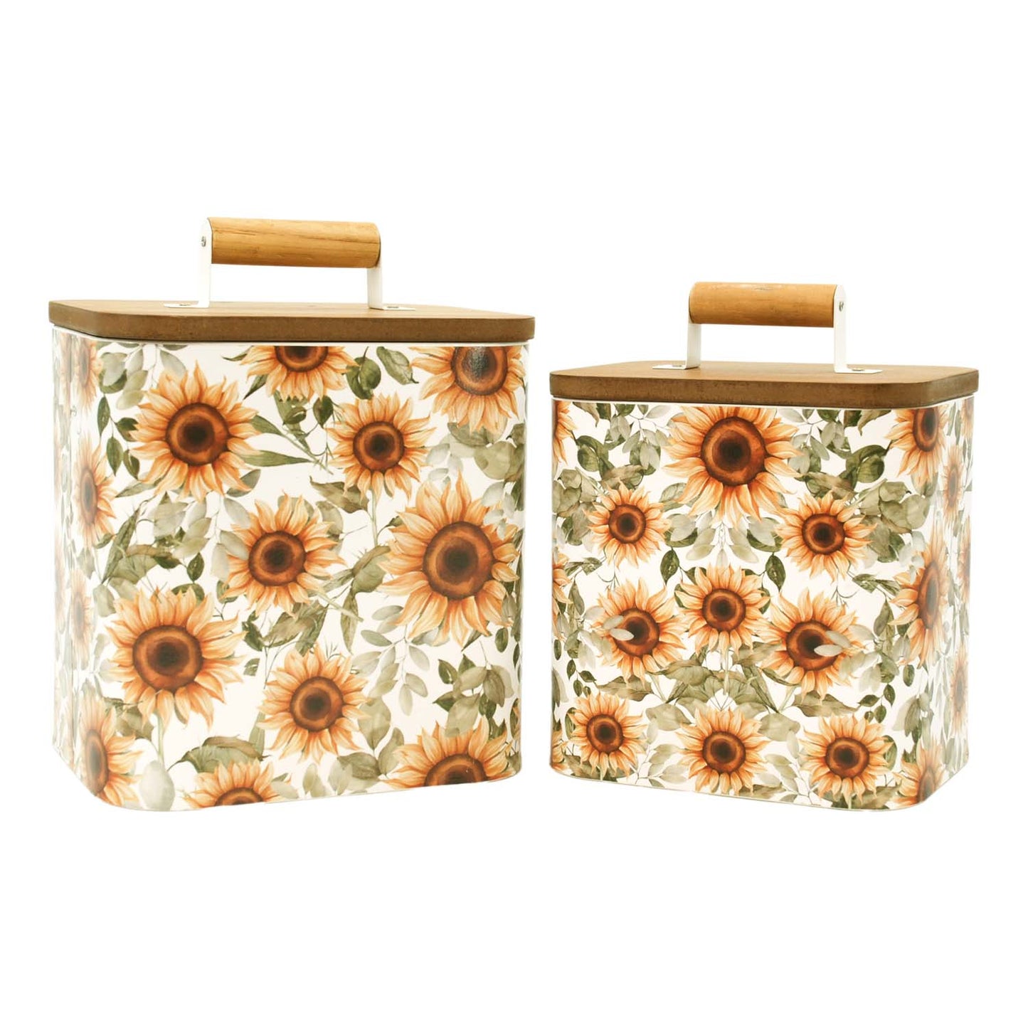 MAF57852-2S - Set of 2 Metal Sunflower Buckets with Wood Lids