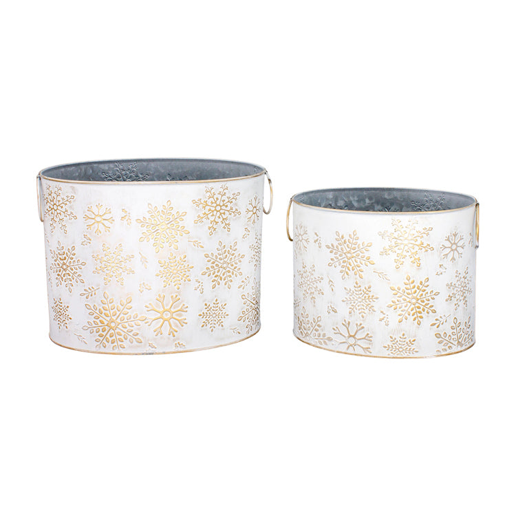 MXF26026-2S - Set of 2 White and Gold Snowflake Oval Buckets