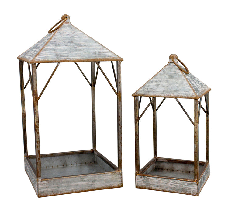 MXF26854-2S - Set of 2 Whitewashed Galvanized Lanterns