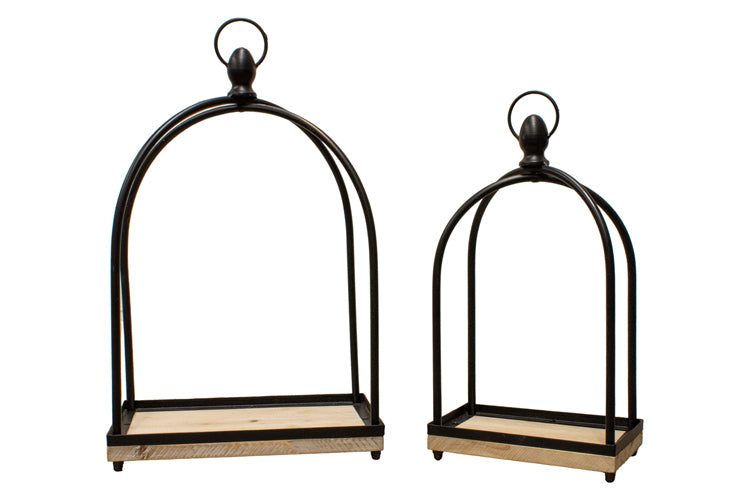 MXF26857-2S - Set of 2 Wood Base Black Frame Lanterns (Assembled)