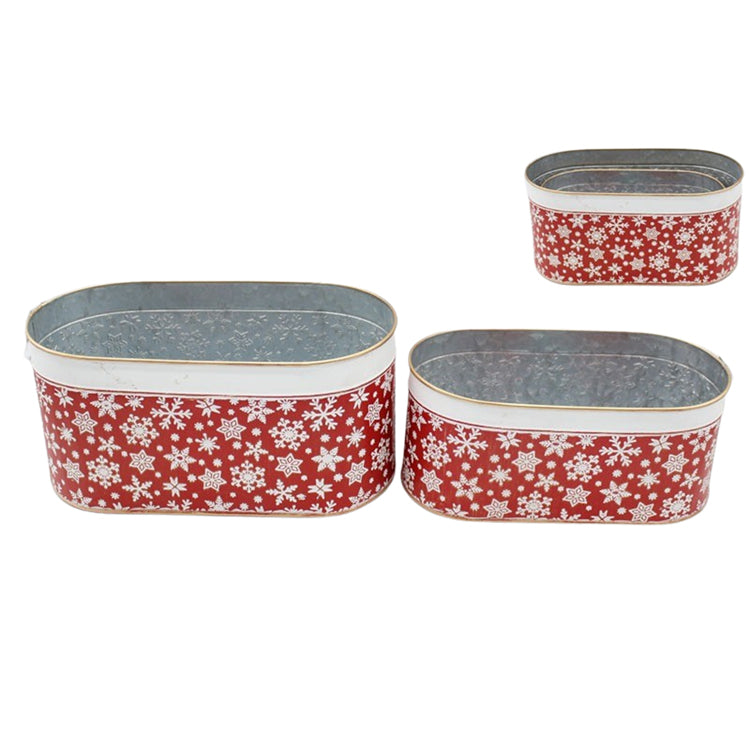 MXF39104-2S - Set of 2 Long Oval Red Buckets with Snowflakes