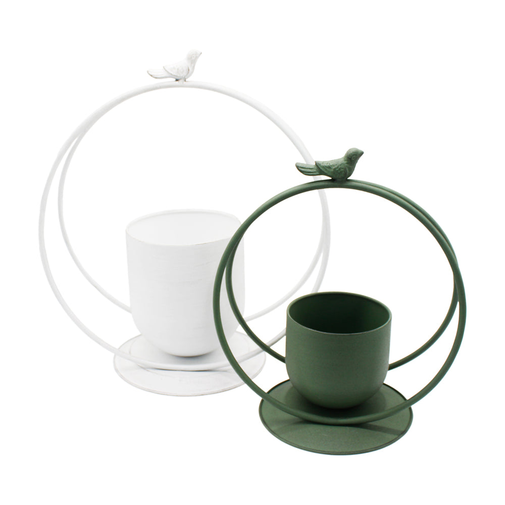 MXF43068-2S - Set of 2 White and Green Round Handle Planters