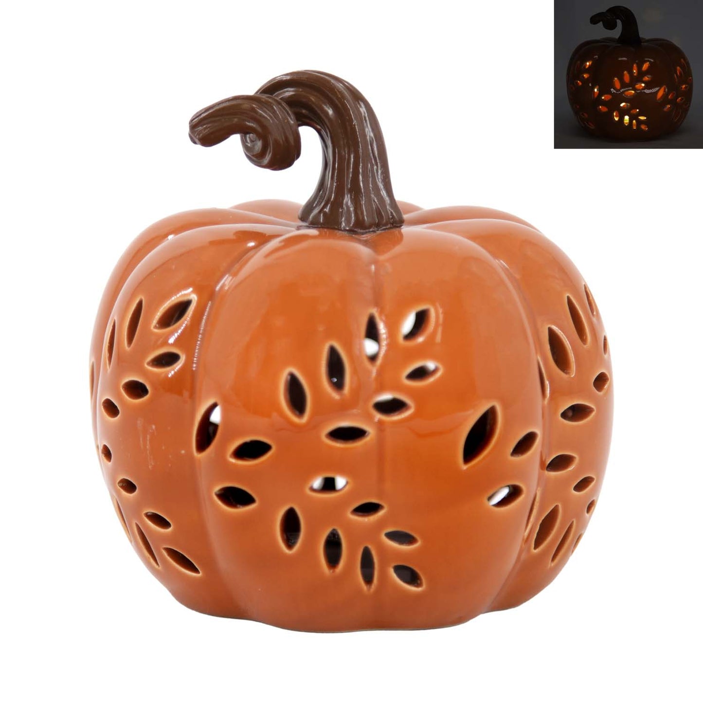 PFF58069 - Wide Lighted Porcelain Orange Pumpkin