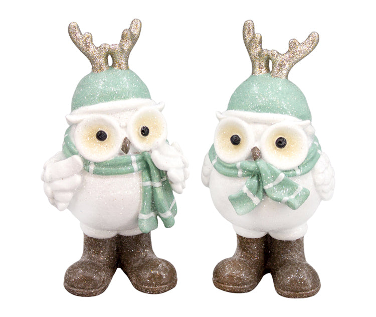 RXF26642-2A - 2 Assorted Green and White Resin Owls