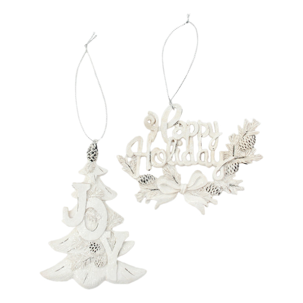 RXF43425-2A - 2 Assorted Joy Tree and Happy Holidays Resin Ornaments