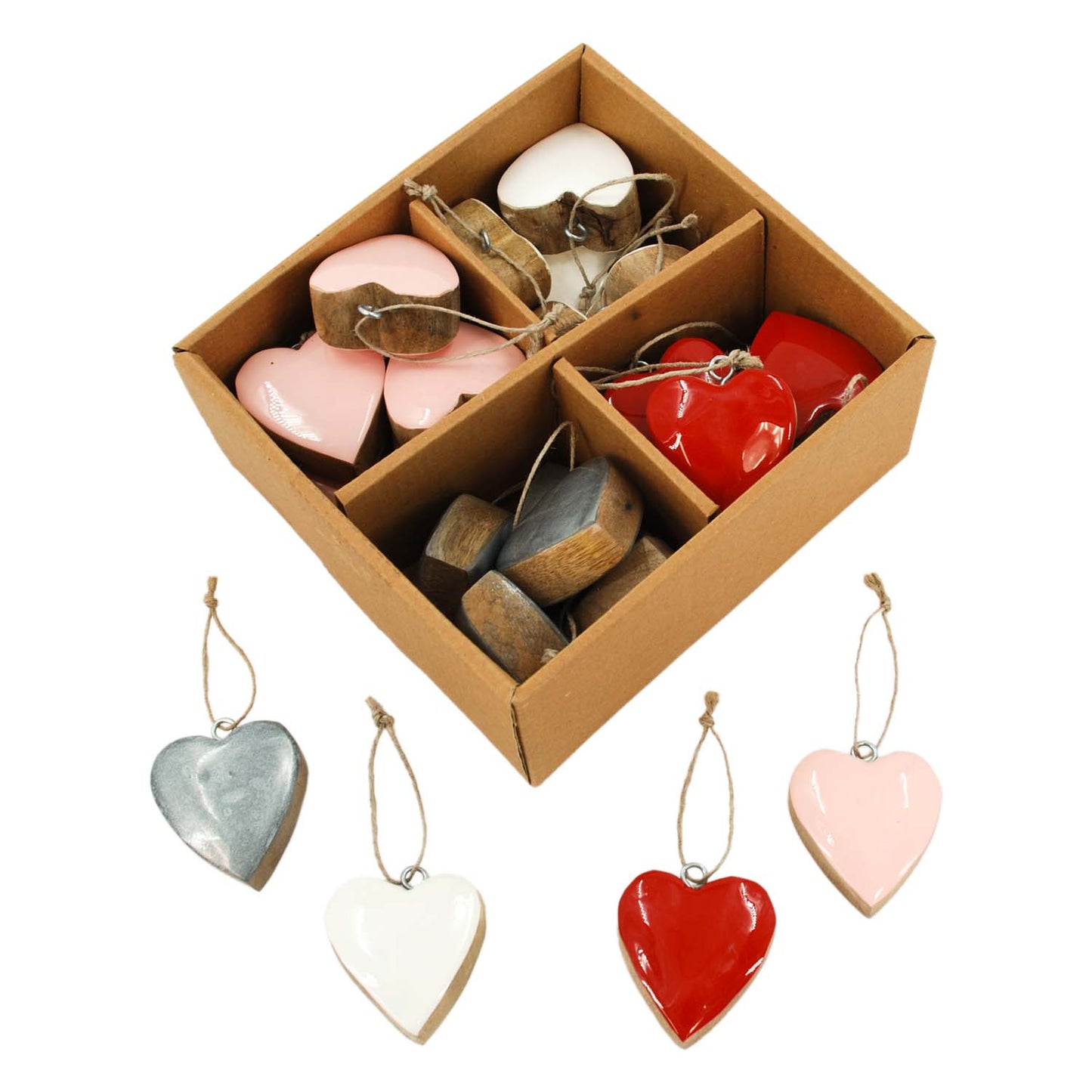 WAI57584-24S - Set of 24 Small Wood Hearts in Pink, White, Red, and Silver