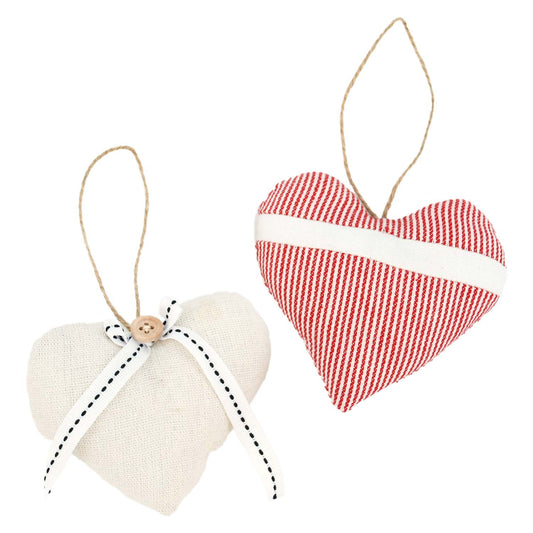 DAQ57190-2A - 2 Assorted Gray and Red Striped Plush Heart Ornaments