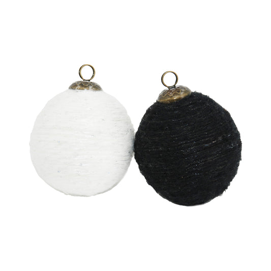 DXQ43307-2A - 2 Assorted 3 inch Black and White Rope Ball Ornaments