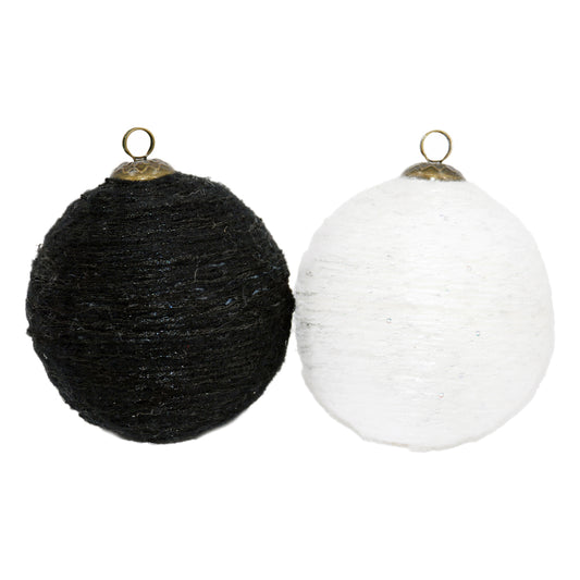 DXQ43308-2A - 2 Assorted 4 inch Black and White Rope Ball Ornaments