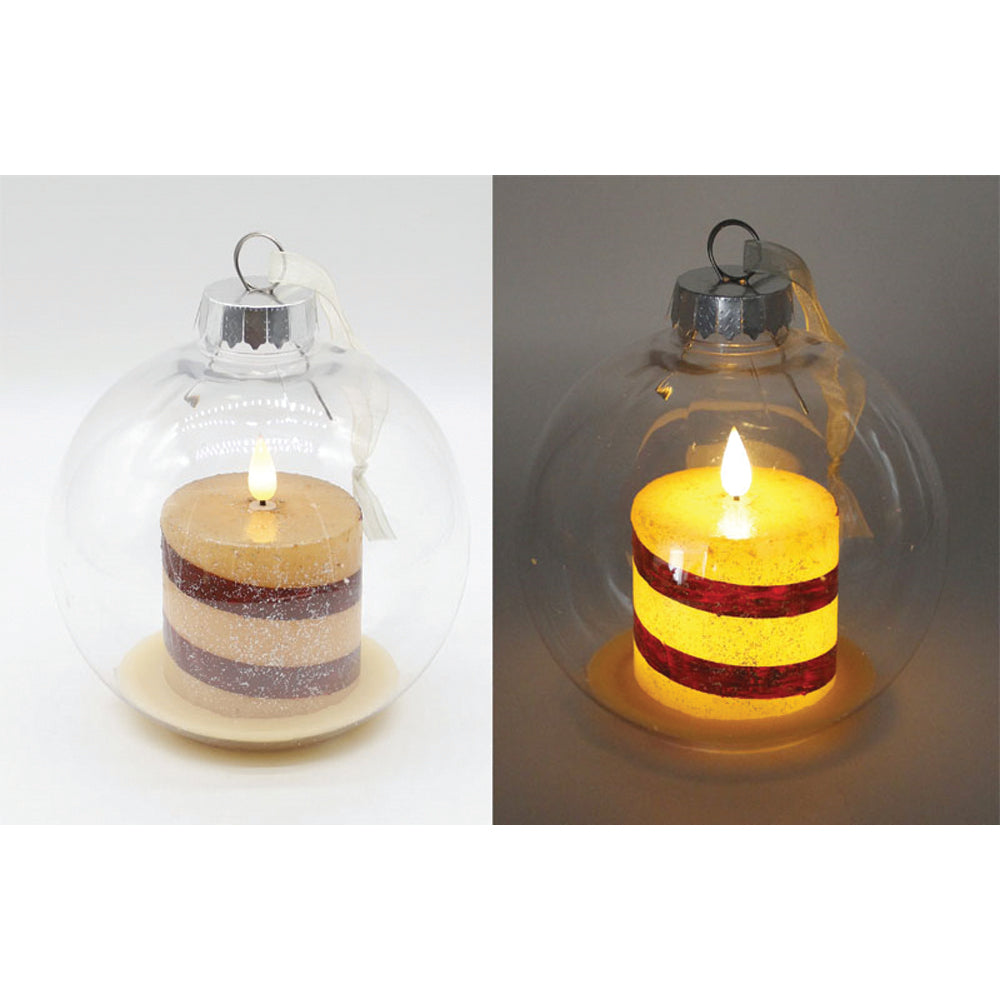 LXS43240 - Large Plastic Ball Ornament with Rustic Candy Cane LED Candle