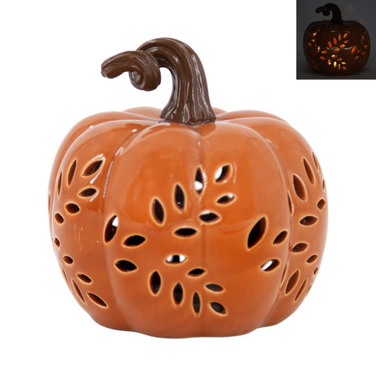 PFF58069 - Wide Lighted Porcelain Orange Pumpkin