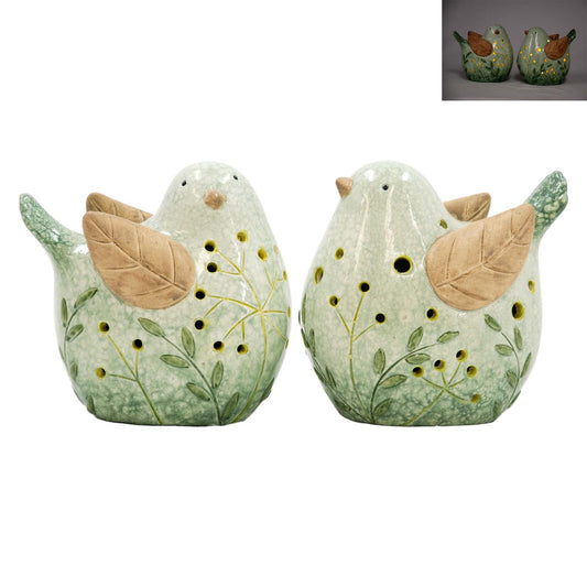 RAF57724-2A - 2 Assorted Green and Tan Leaf Wing Porcelain Birds 