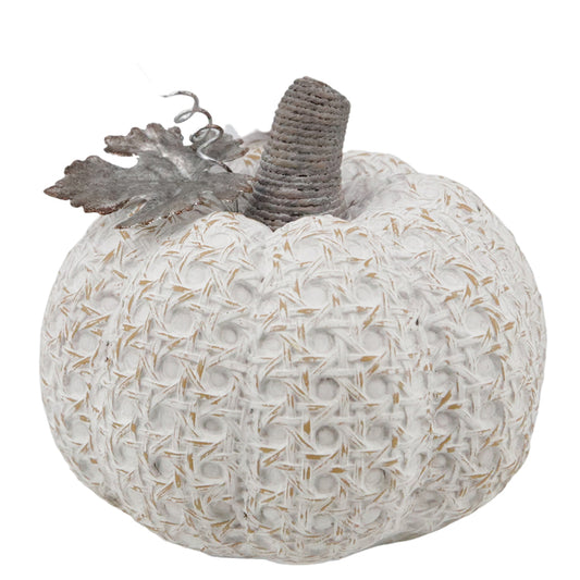 RFF38019 - Wide White Textured Resin Pumpkin with Leaf 