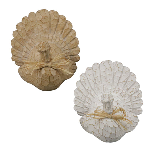 RFF38132-2A - 2 Assorted Large Tan and White Resin Turkeys 