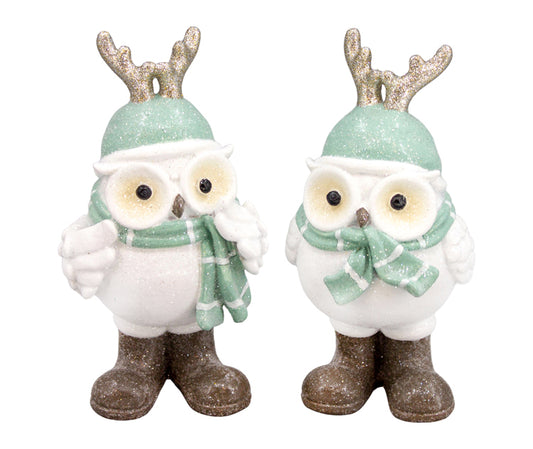 RXF26642-2A - 2 Assorted Green and White Resin Owls 