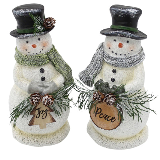 RXF39032-2A - 2 Assorted Peace and Joy Resin Snowmen 