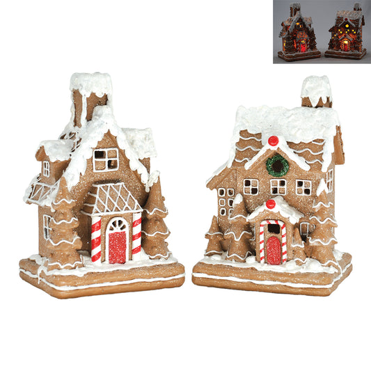 RXF43218-2A - 2 Assorted Lighted Large Resin Gingerbread Houses
