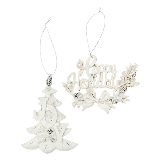 RXF43425-2A - 2 Assorted Joy Tree and Happy Holidays Resin Ornaments