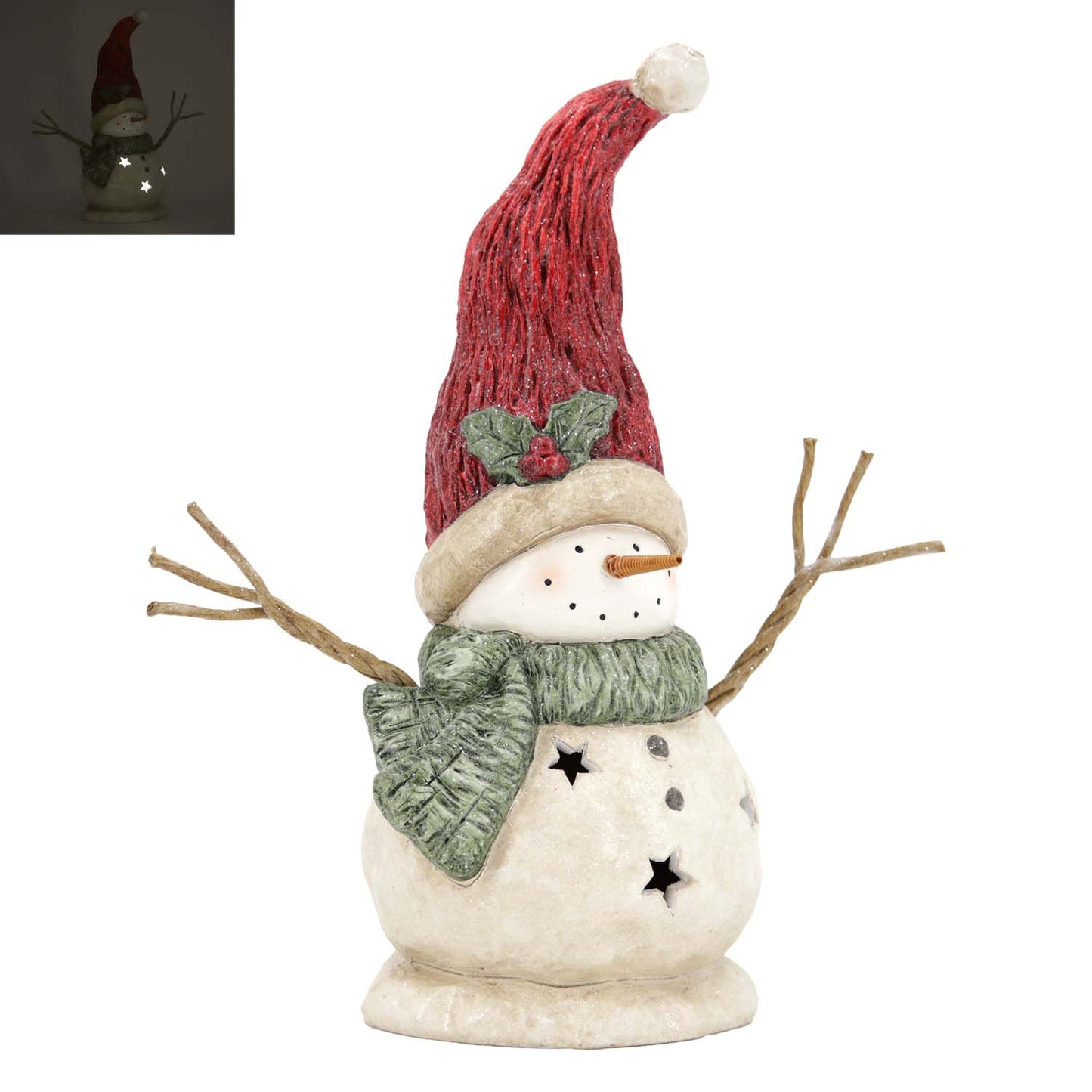 RXF59746 - Lighted Resin Snowman with Red Hat and Green Scarf