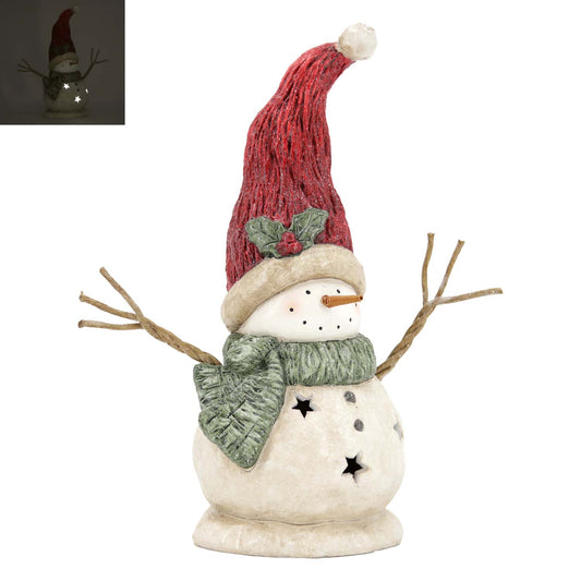RXF59746 - Lighted Resin Snowman with Red Hat and Green Scarf
