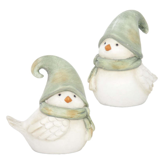 RXF59753-2A - 2 Assorted Green Scarf and Hat Resin Birds