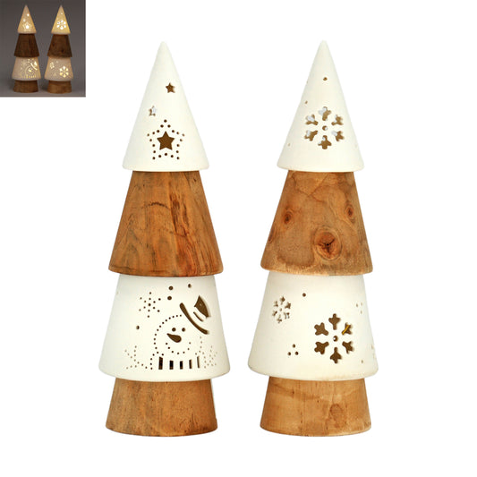 WXF43166-2A - 2 Assorted Lighted White and Natural Wood Christmas Trees