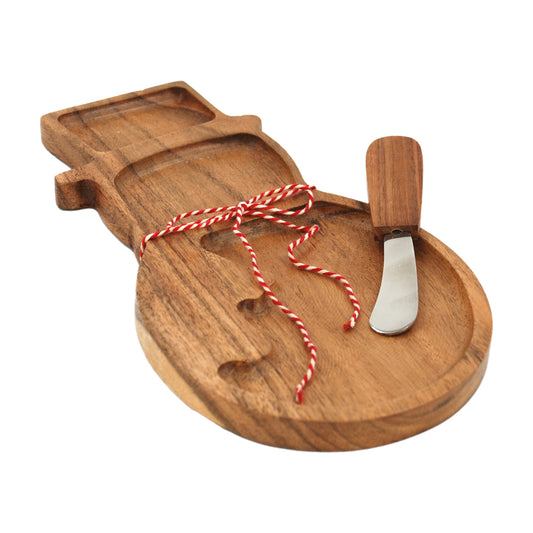 WXI43514-2S - Wooden Snowman Cheese Tray and Knife Set